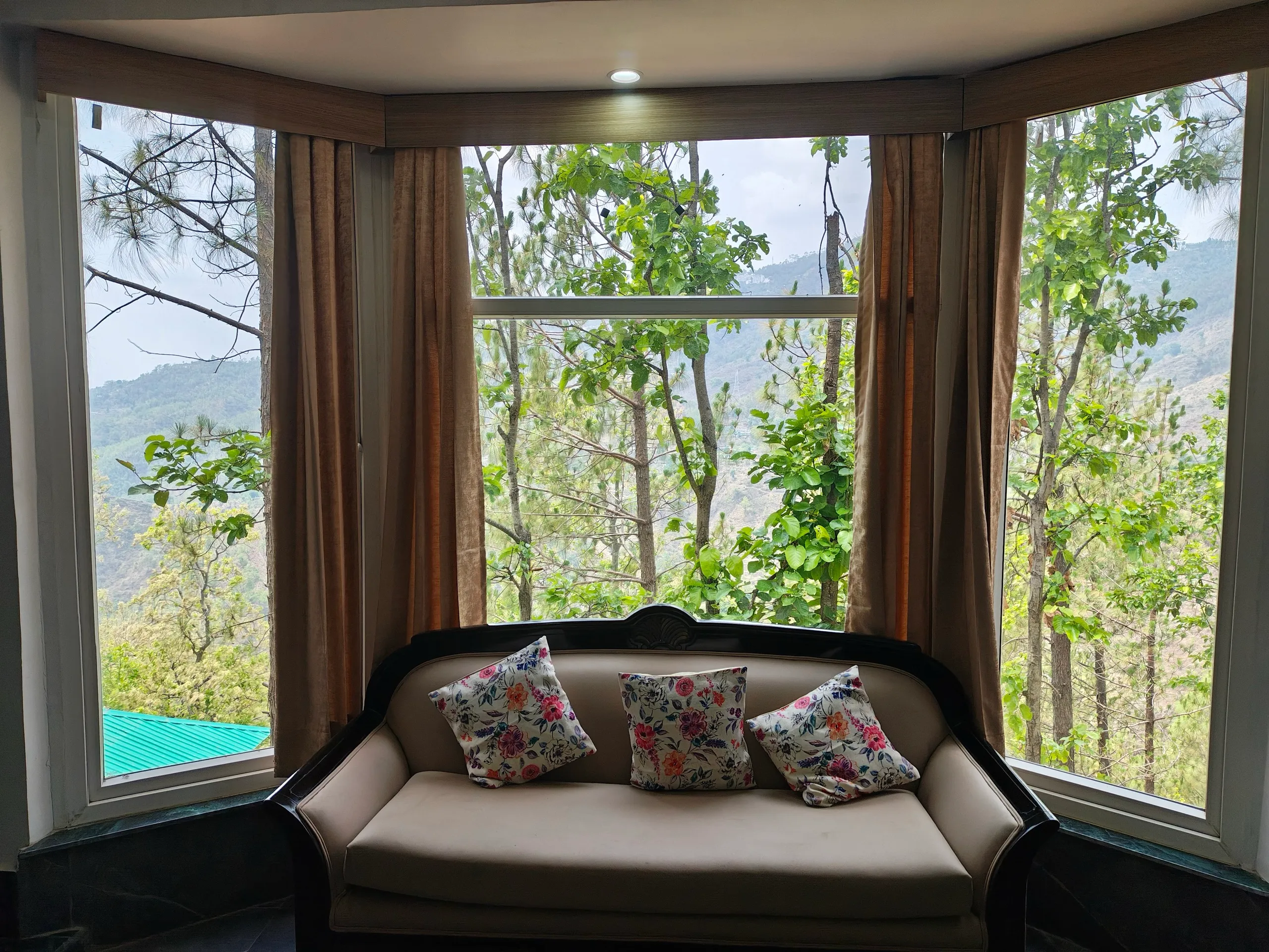 Sofa in bay window with mountain and pine forest view