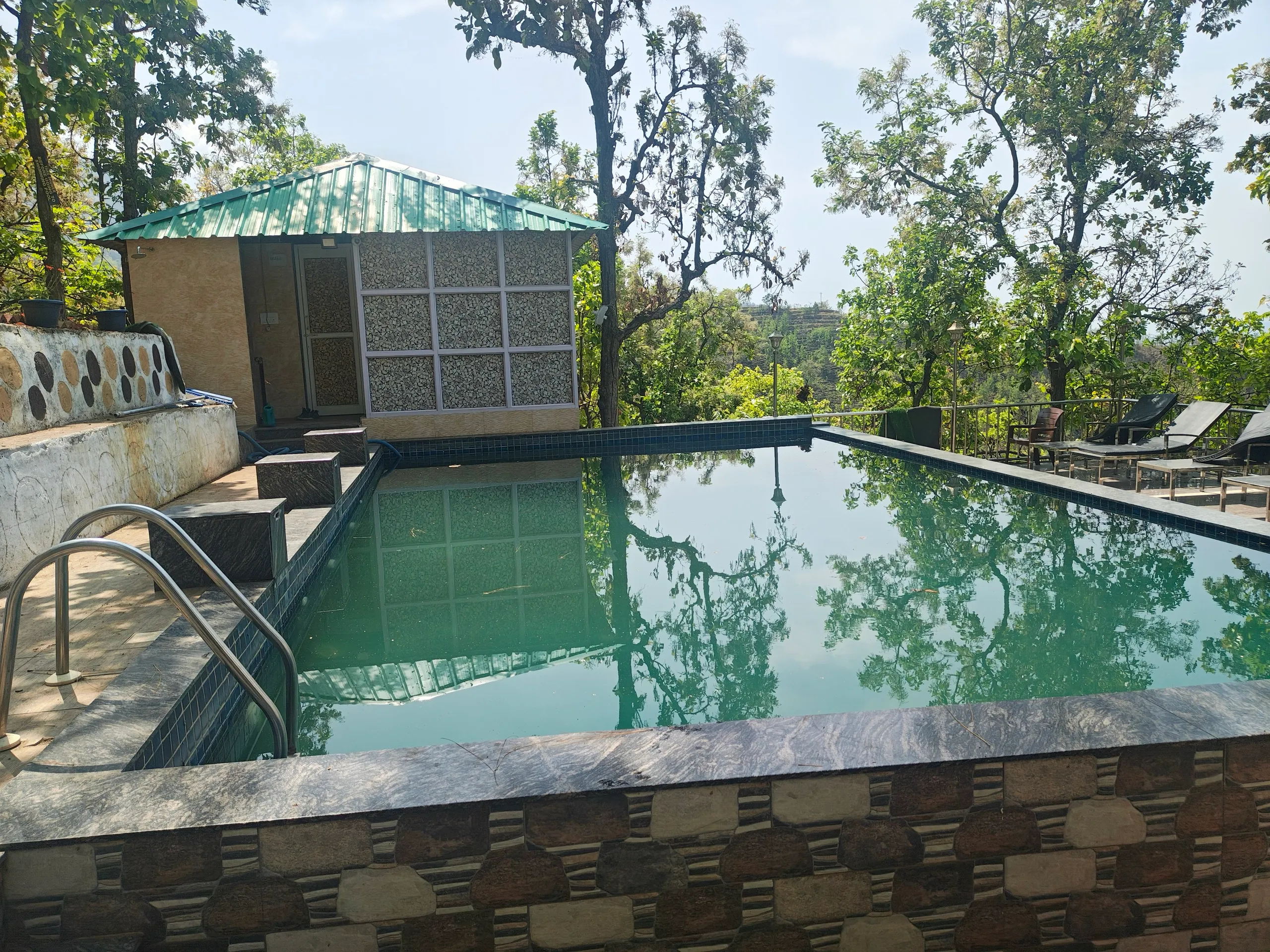 Infinity pool with mountain views at Blue Pine Orchards resort